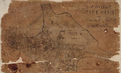 波士顿以前是半岛形状的地图, on dark aged parchment paper, with tears at the edges