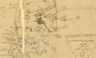 波士顿、波士顿港及周边城镇的手绘地图. Sketched in pen and ink.